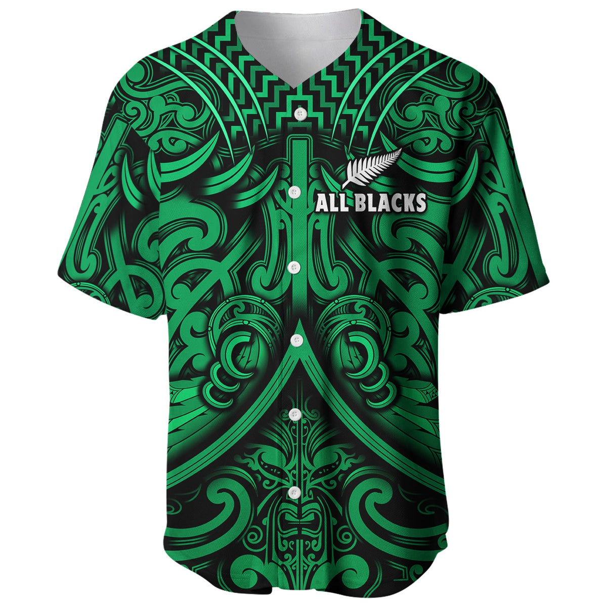 Green All Blacks rugby-style jersey with Maori pattern, front placket and logo text