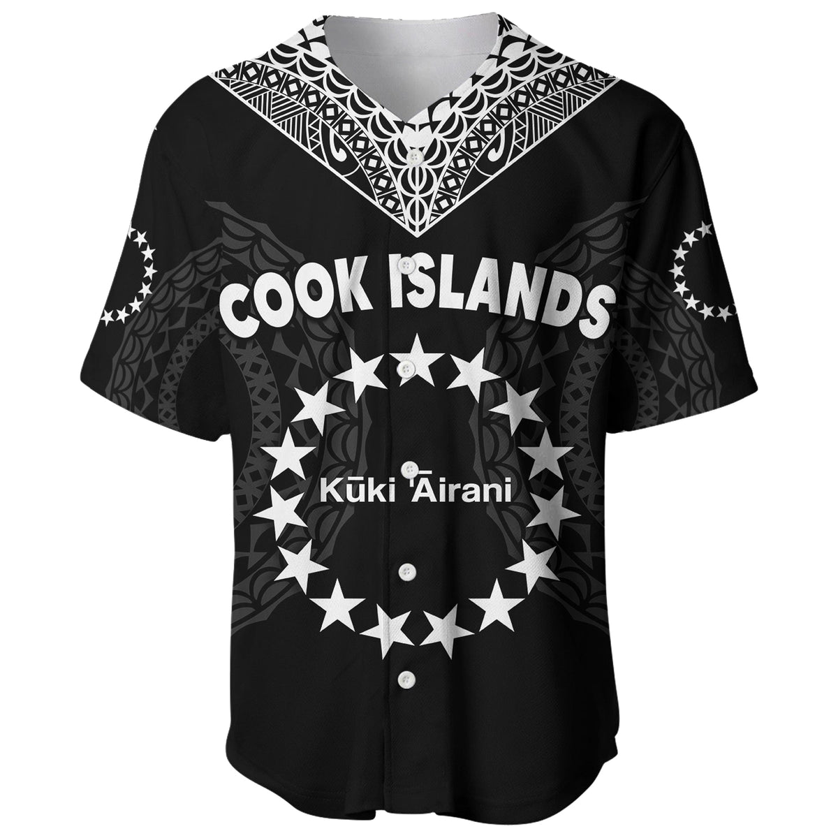 Black baseball jersey front: Cook Islands lettering, Kuki Airani name, star burst design