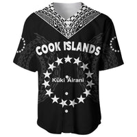 Black baseball jersey front: Cook Islands lettering, Kuki Airani name, star burst design