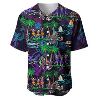 Dark purple short-sleeve baseball jersey with tropical skeleton figures and floral motifs