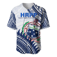 White/navy HRPP baseball jersey with Samoan coat of arms graphic, V-neck