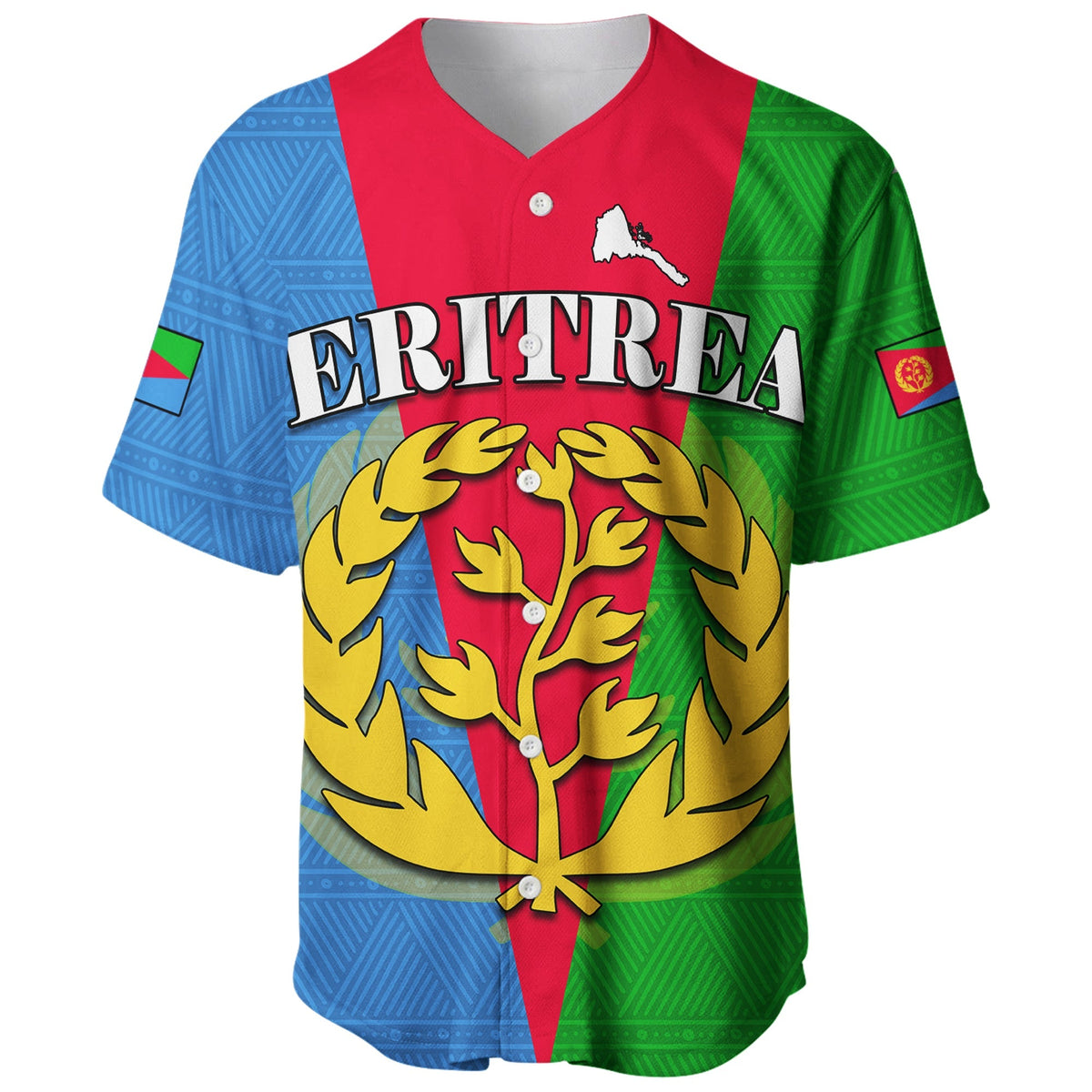 Red baseball jersey front with “ERITREA” lettering, tree emblem, and button placket
