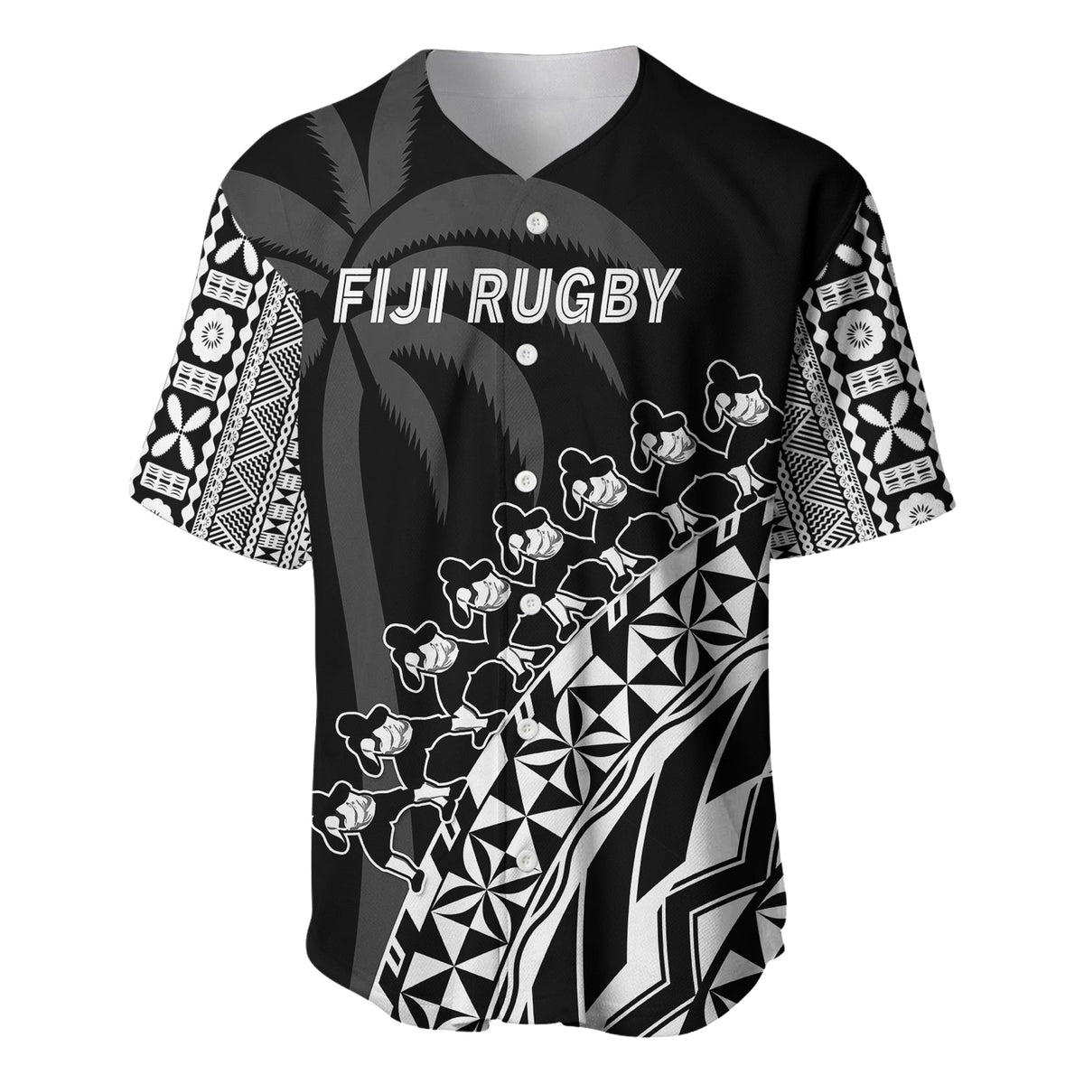 Front view: black rugby jersey with white 'FIJI RUGBY' text, geometric fan and stripe