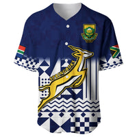 Blue rugby baseball jersey with V-neck, button placket, Springbok graphic and crest