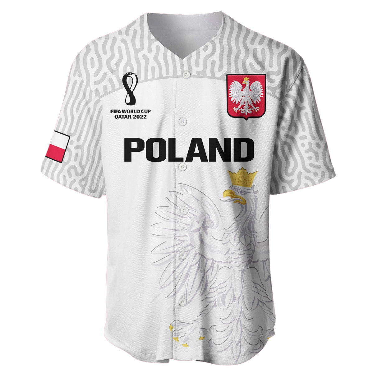 White Poland football baseball jersey with eagle print, crest patch, POLAND text, button front
