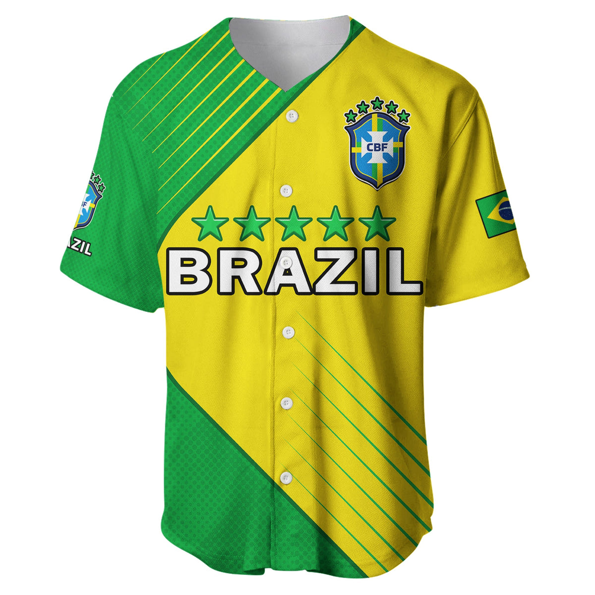 Yellow-green Brazil jersey, front buttons, BRAZIL print and team crest