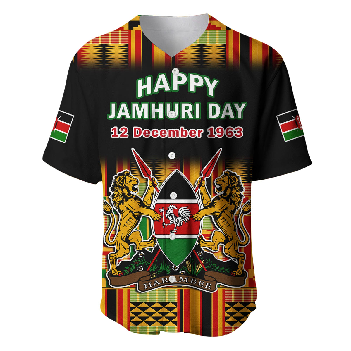 Black baseball jersey with Happy Jamhuri Day graphic, date text, and lions emblem