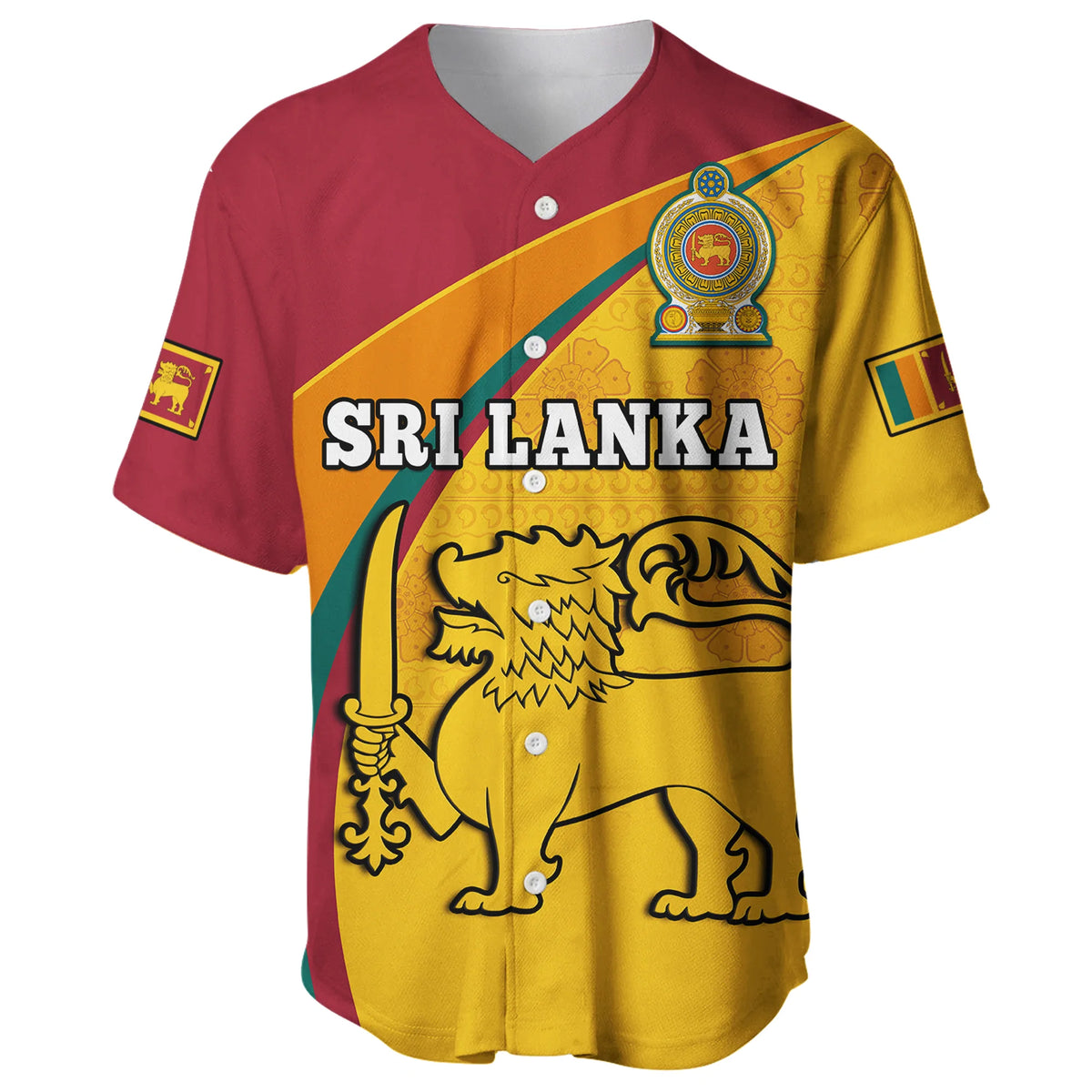 Red and yellow baseball jersey with V-neck, buttons, Sri Lanka emblem and lion graphic