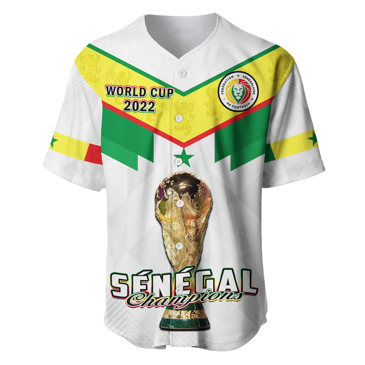 Senegal baseball jersey with V-neck, green/yellow/red panel and World Cup 2022 graphic