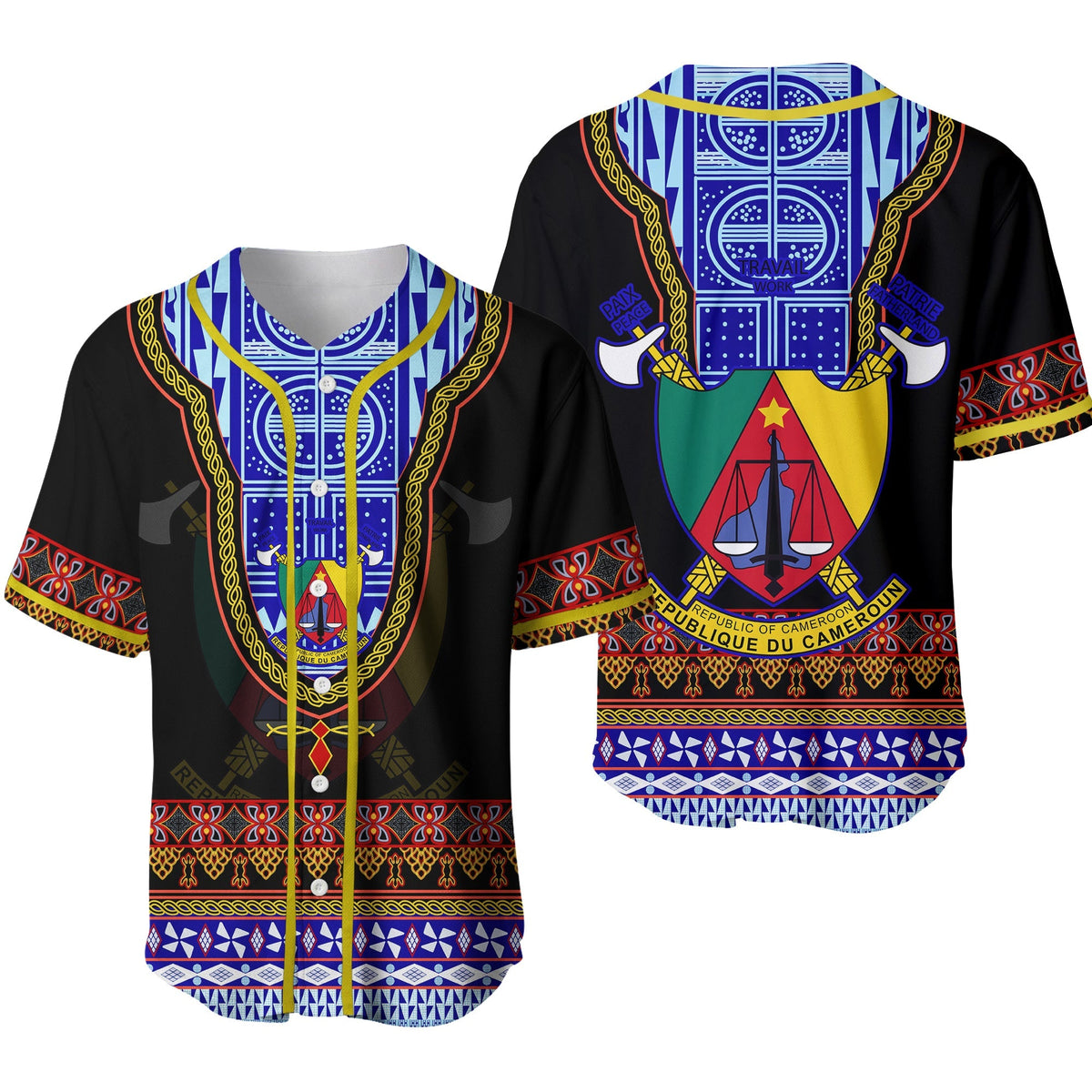 Black baseball jersey with blue-gold Cameroon patterned front and back, button placket