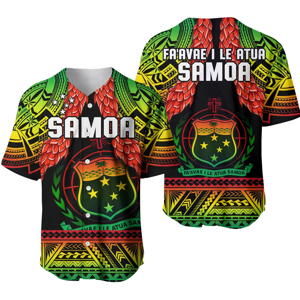 Samoa rugby baseball jersey, black base with red floral crest and green-yellow patterns