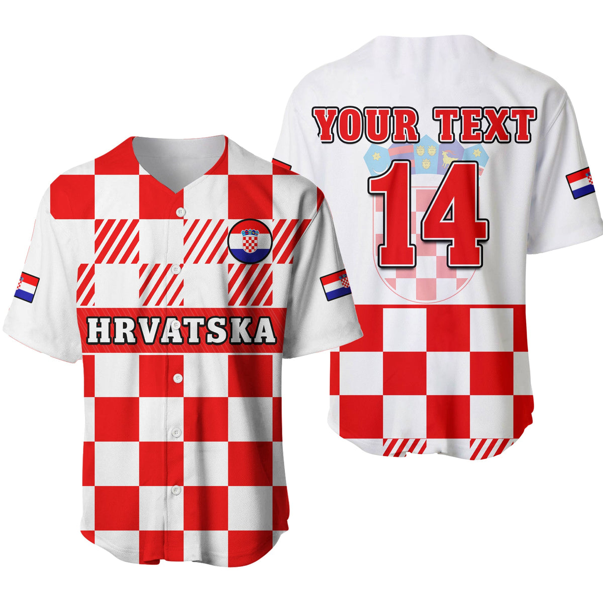 Red Croatia checkerboard baseball jersey: HRVATSKA front, YOUR TEXT 14 back