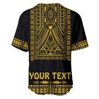 Back view: black baseball jersey with gold tribal pattern and 'YOUR TEXT' band