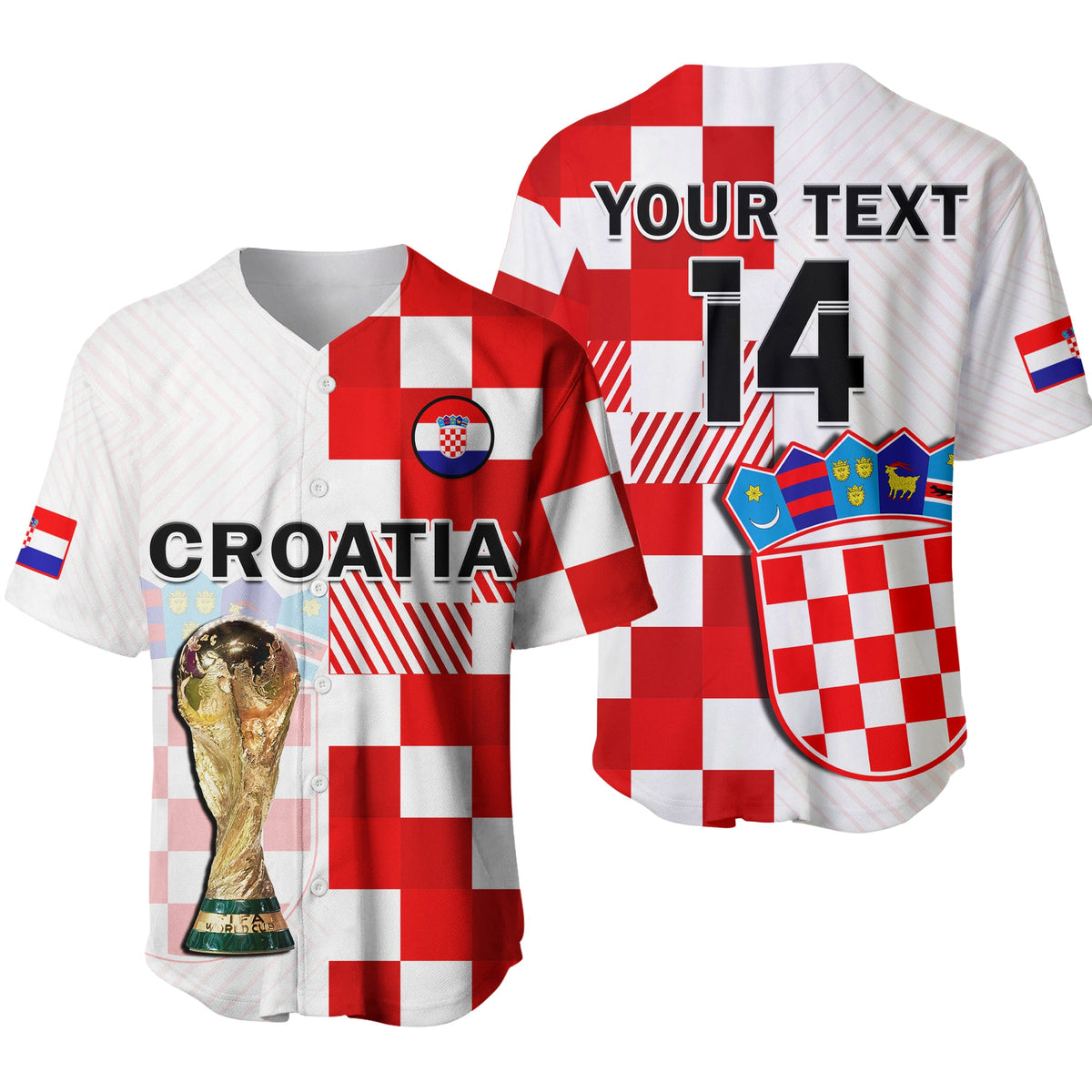 Croatia checkerboard football baseball jersey, red and white, crest badge and number 14
