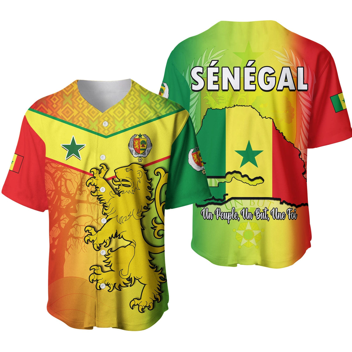 Reggae baseball jersey with lion emblem, star, crest, and Senegal color stripes