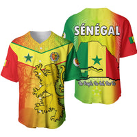 Reggae baseball jersey with lion emblem, star, crest, and Senegal color stripes