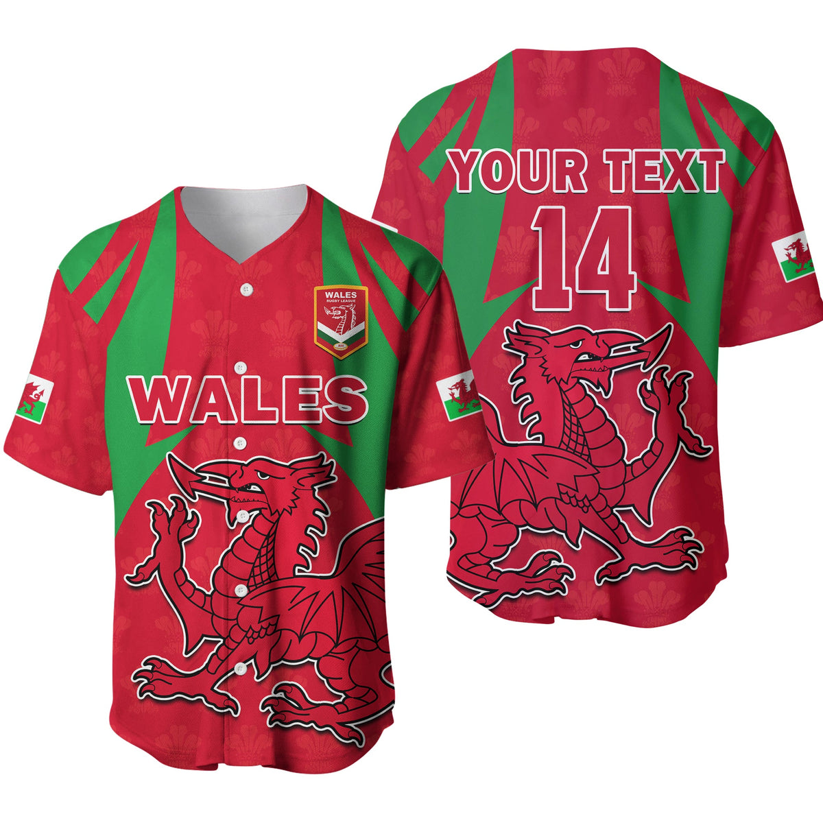 Red and green Wales rugby baseball jersey with WALES front print and 14 back text