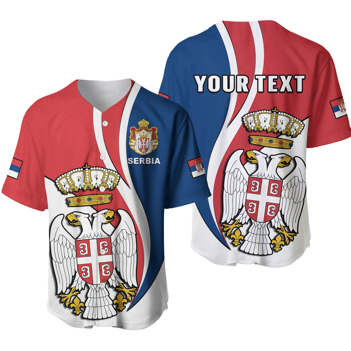 Baseball jersey with Serbia coat of arms, flag stripes, red blue and white