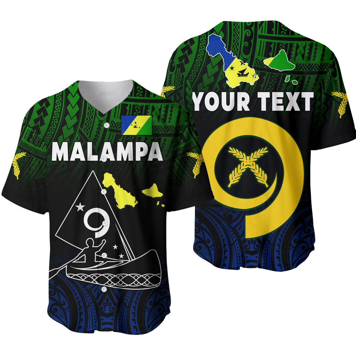 Black baseball jersey with MALAMPA front print and blue lower tribal pattern