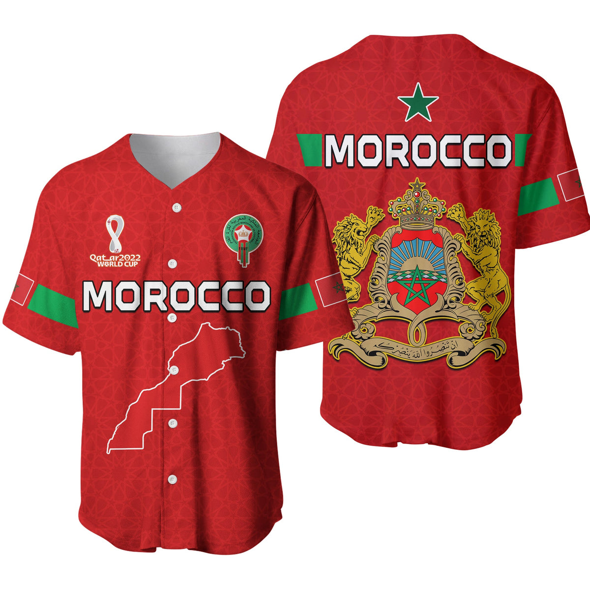 Red Morocco football baseball jersey with green trim and Moroccan crest
