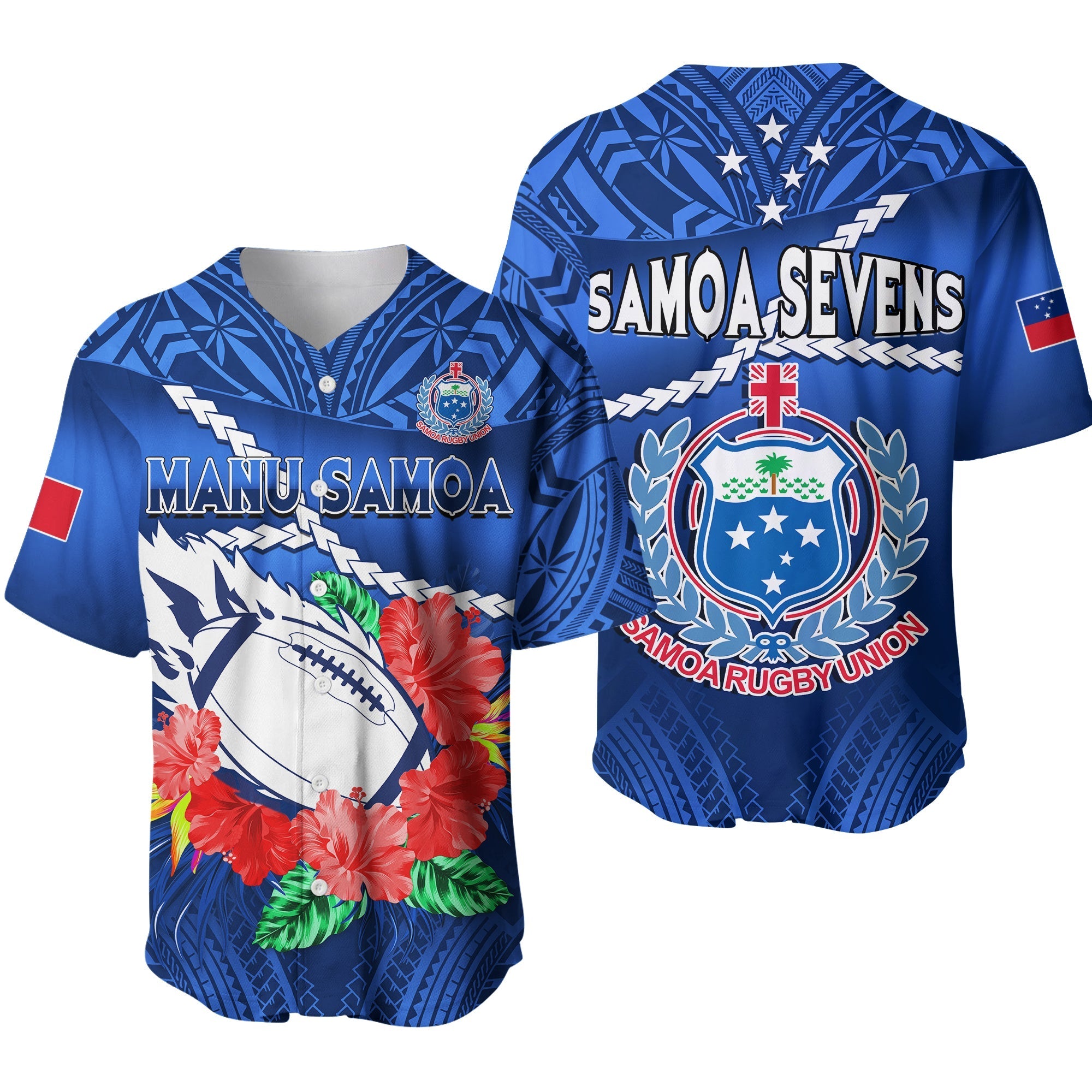 Samoa Rugby Baseball Jersey Manu Samoa Polynesian Hibiscus Blue Style - Wonder Print Shop