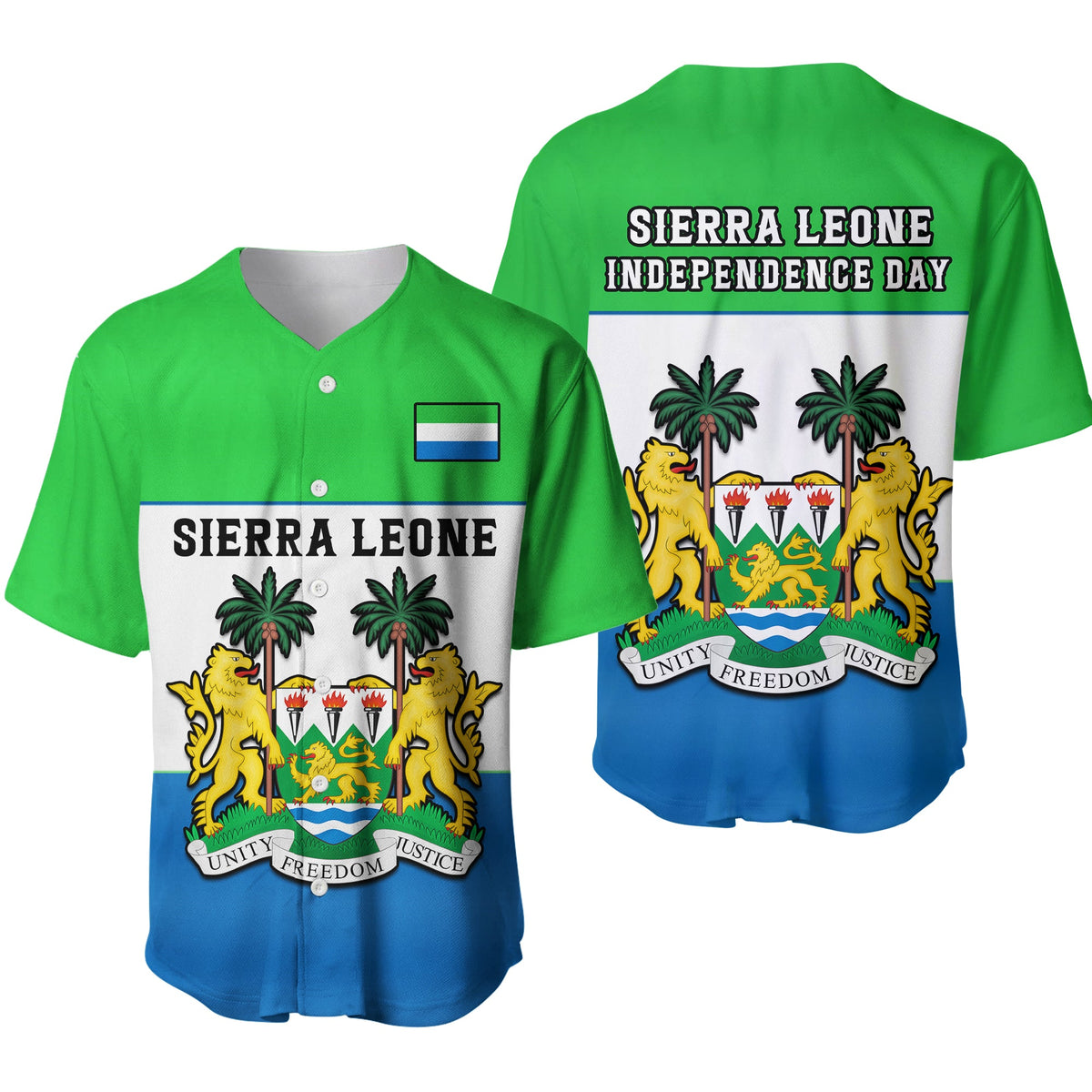 Green baseball jersey with white panel and Sierra Leone independence emblem on front