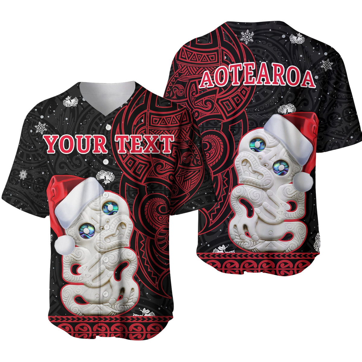 Baseball jersey with 'YOUR TEXT' print, black/red tribal pattern and Santa face