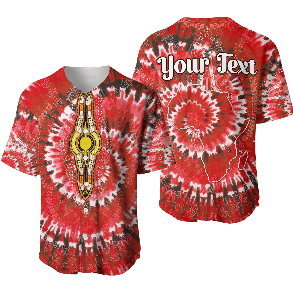 Red tie-dye baseball jersey with ornate front panel and bold back graphic