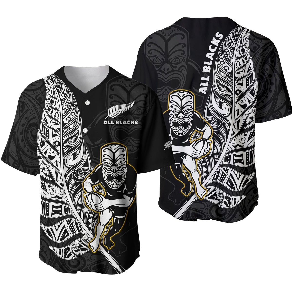 Black All Blacks rugby baseball jersey with Maori tribal print, front and back shown