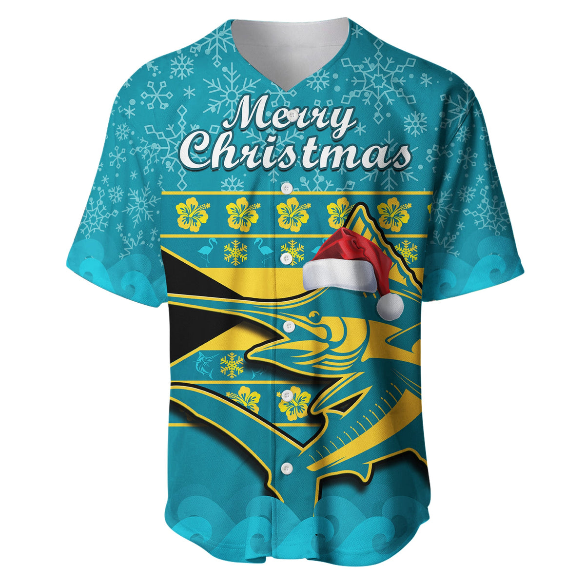 Teal baseball jersey with Merry Christmas graphic, Santa hat and marlin design
