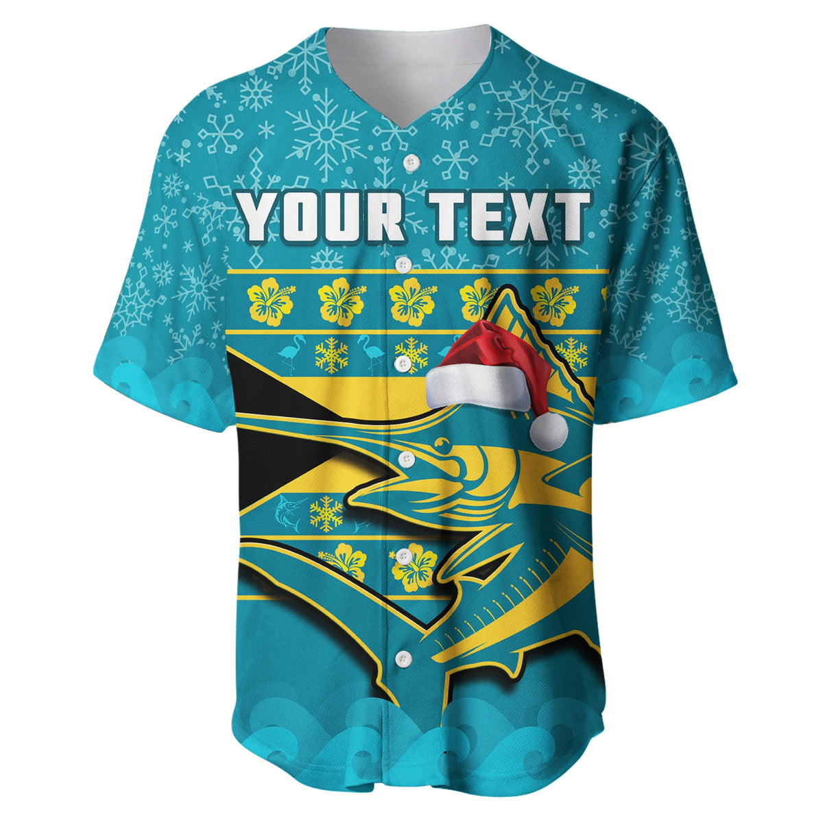 Teal baseball jersey with 'YOUR TEXT' marlin graphic and snowflake pattern