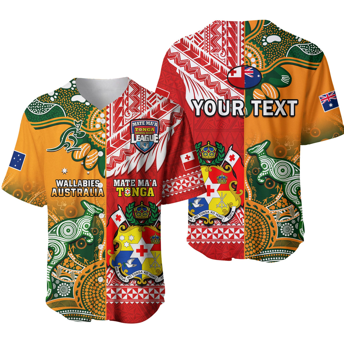 Red rugby jersey with tribal patterns and 'YOUR TEXT' graphic