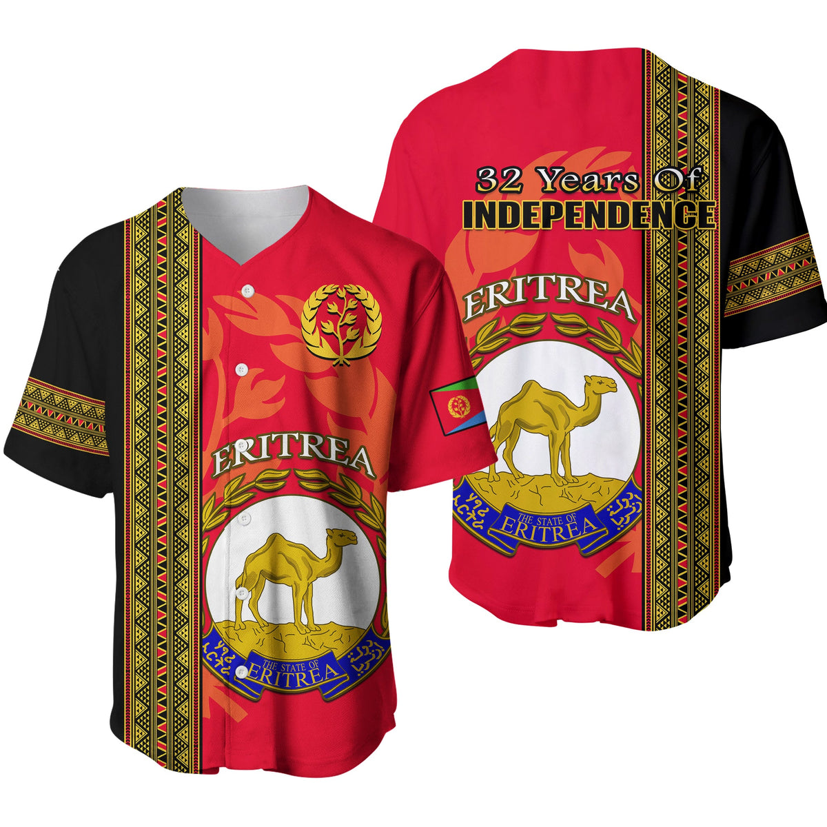 Red baseball jersey with black sleeves, Eritrea emblem, and patterned side trim