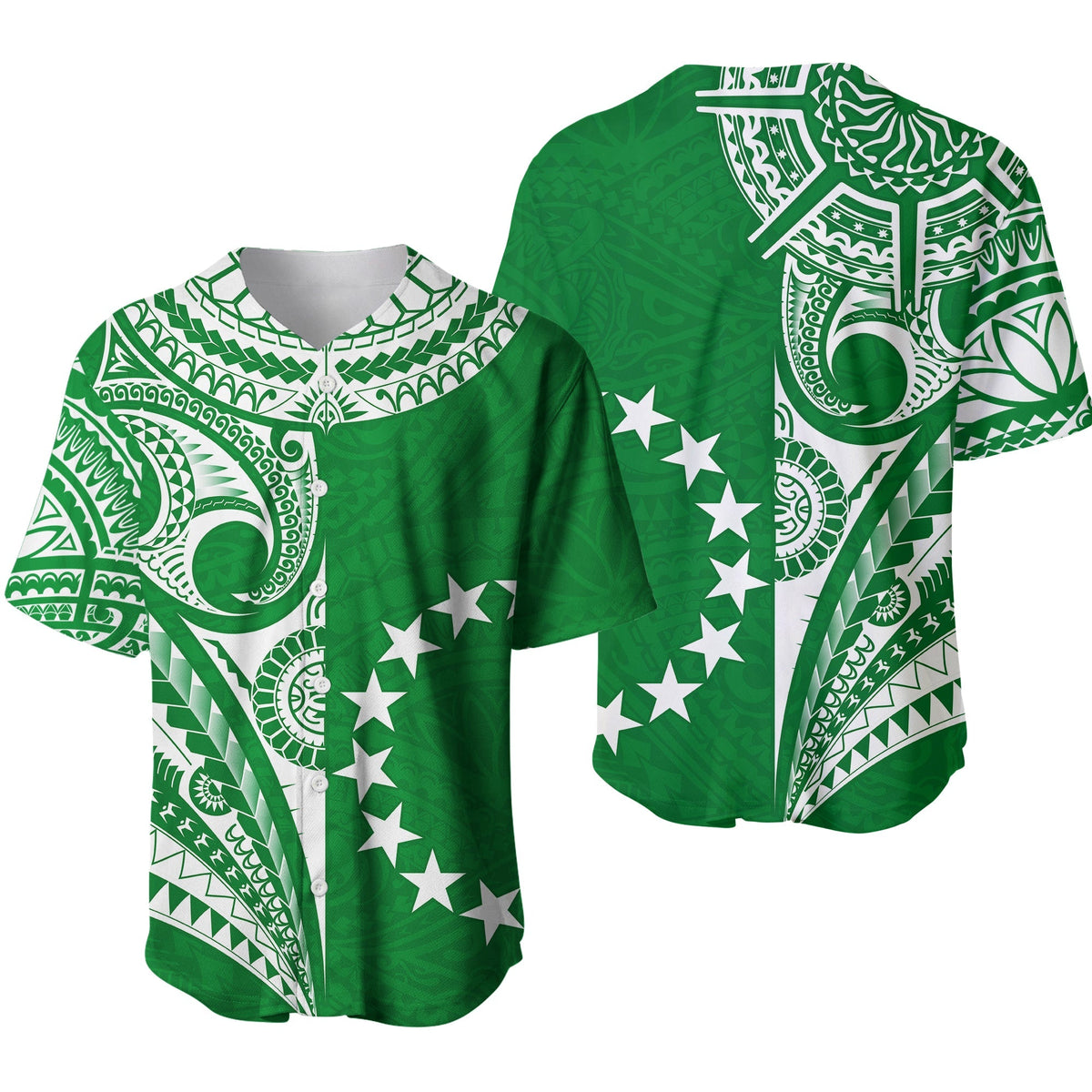 Green baseball jersey with white tatau-style prints and star pattern, button front.