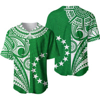 Green baseball jersey with white tatau-style prints and star pattern, button front.