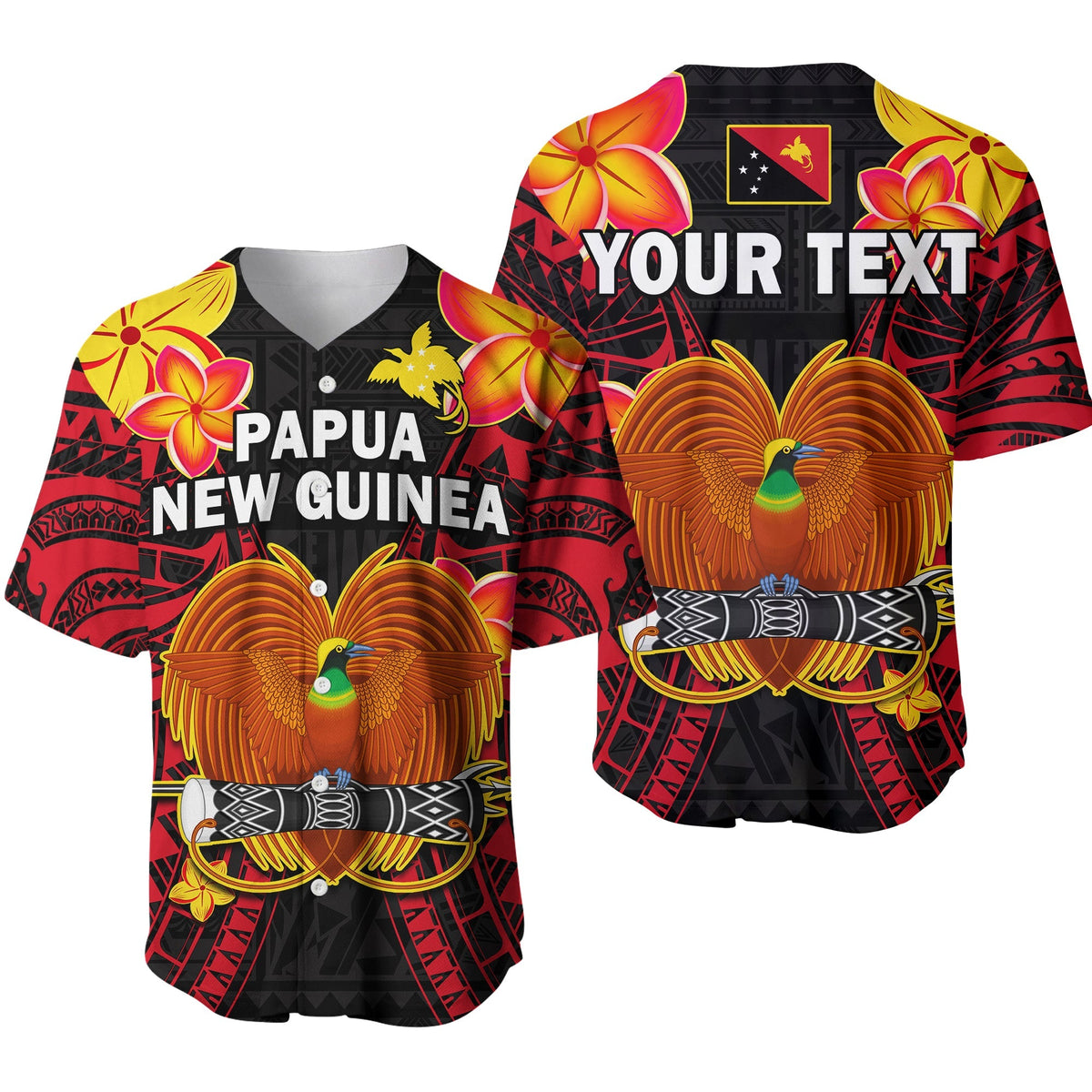 Black baseball jersey: front 'Papua New Guinea' and back 'Your Text' bird-of-paradise art
