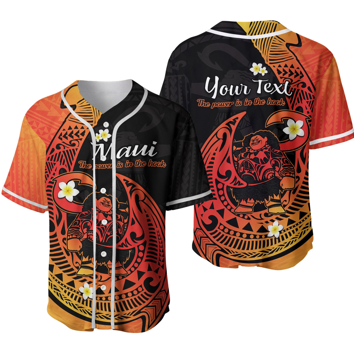 Custom baseball jersey with Maui print, orange gradient sleeves, floral accents, button front