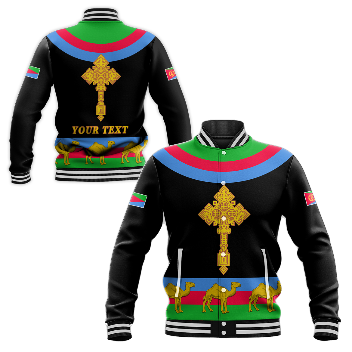Unisex black baseball jacket: Eritrea cross crest, camels, 'YOUR TEXT' on back