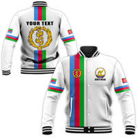 Eritrea striped baseball jacket back: YOUR TEXT, crest, multicolor vertical stripes