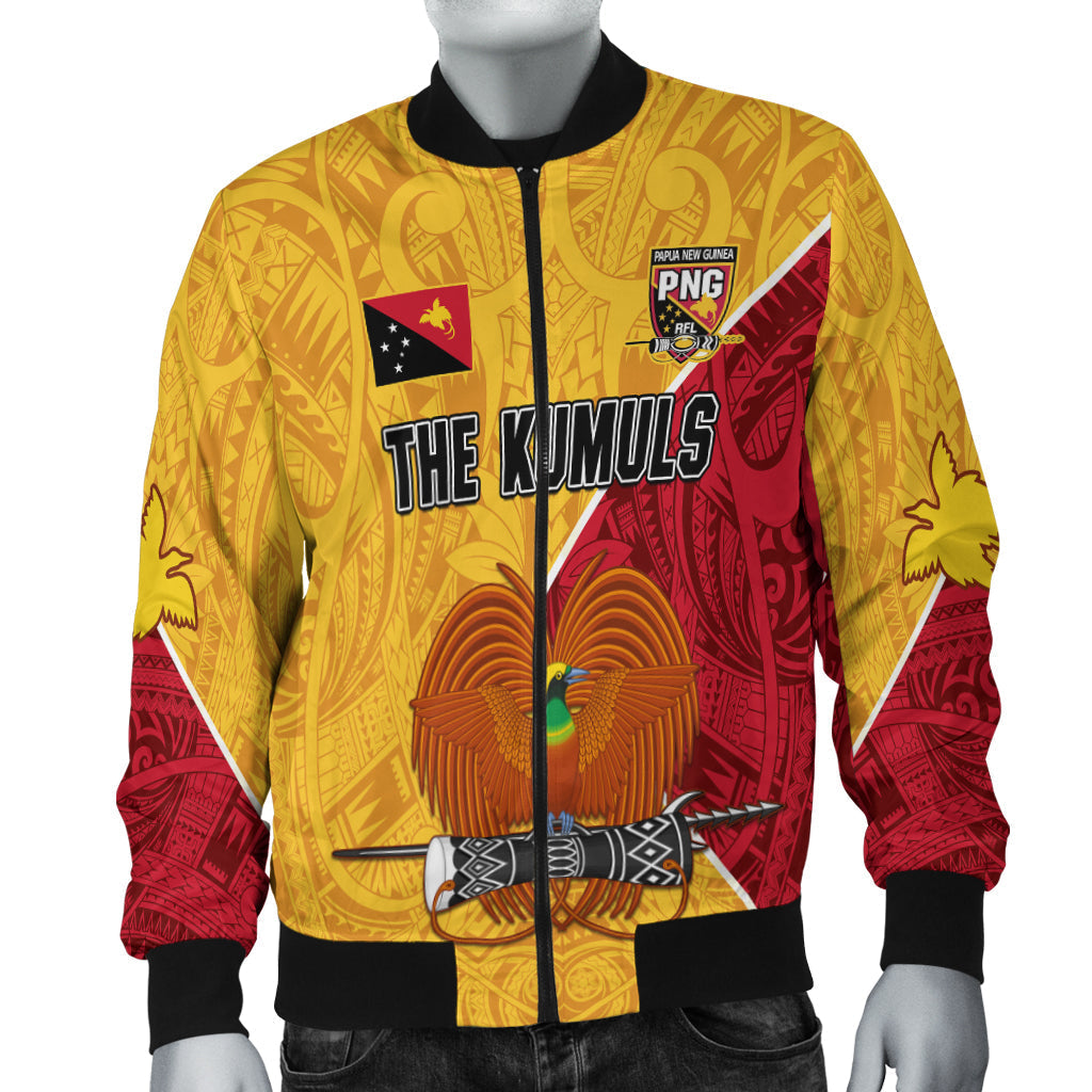 Yellow bomber jacket with Polynesian graphic, full-zip front and black ribbed collar/cuffs