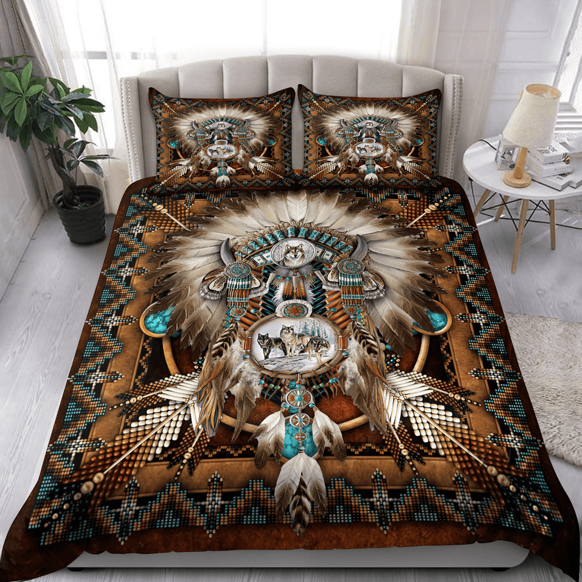 Native American bedding set with comforter and 2 pillow shams, teal accents and central motif