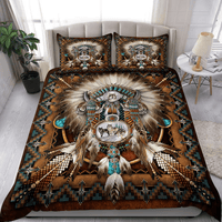 Native American bedding set with comforter and 2 pillow shams, teal accents and central motif