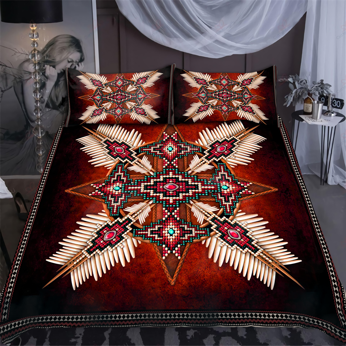 Native-style printed comforter with multicolor geometric star and feather artwork, with two pillows