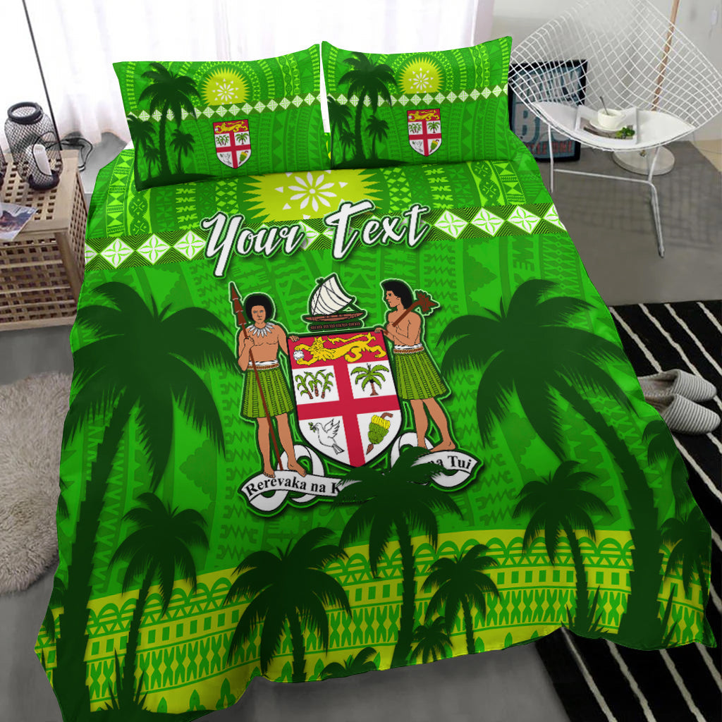 Green tapa day bedding set with palm trees, crest and Your Text on quilt