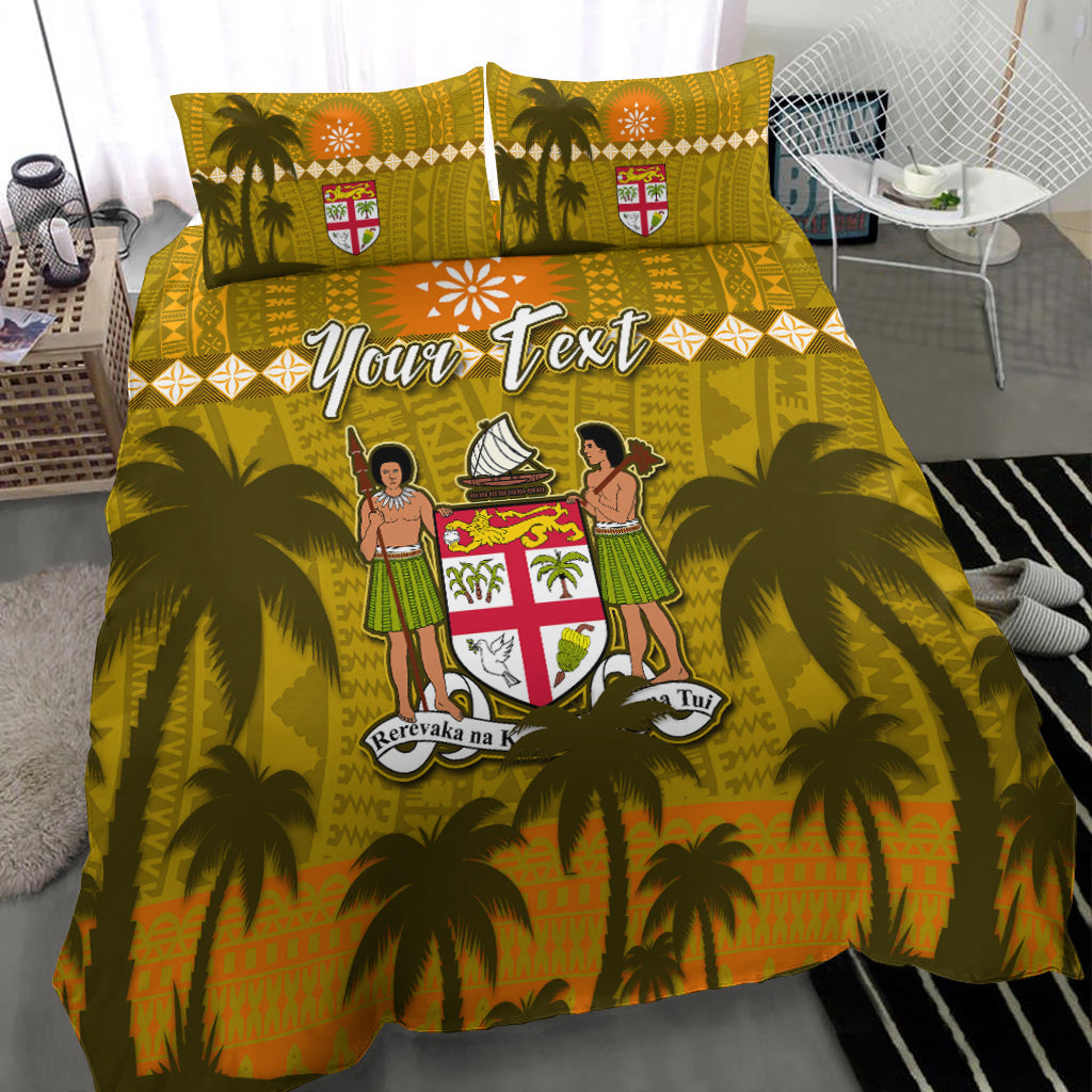 Gold Fijian tapa palm tree bedding set, crest artwork with two matching pillows