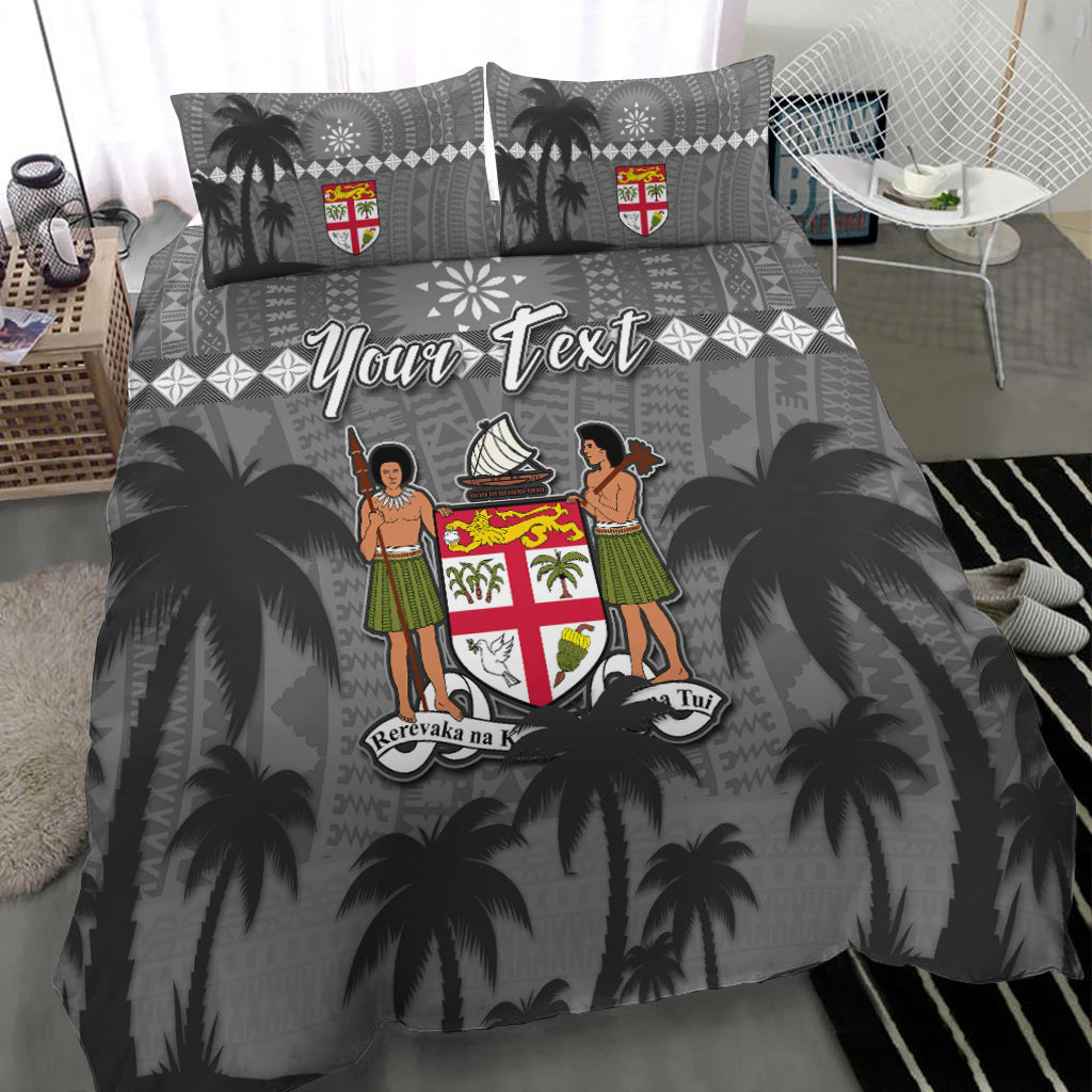 Gray duvet set with palm-tapa print, 2 pillows, custom 'Your Text' front