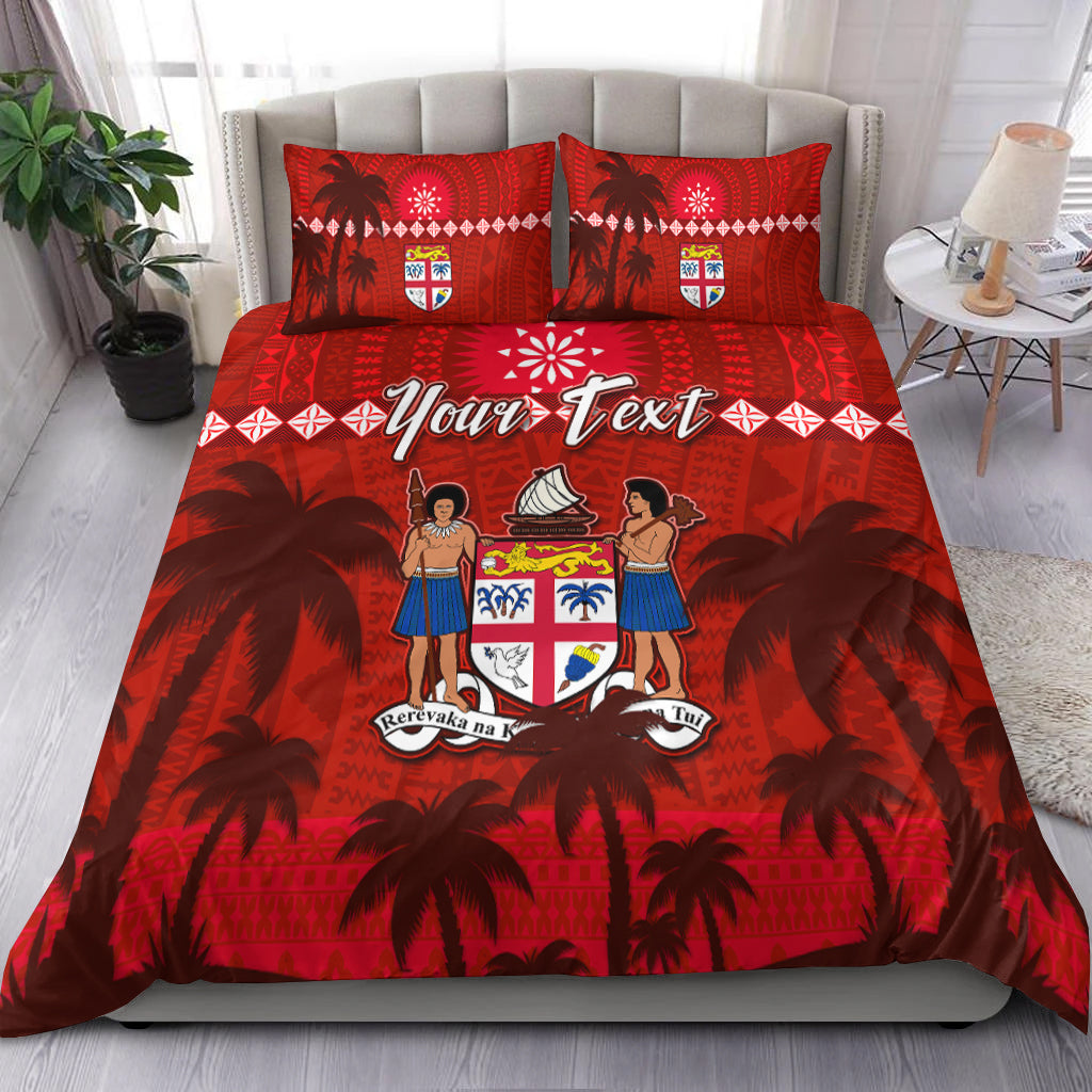 Red bedding set with palm tree silhouettes, two matching pillows, crest and “Your Text”