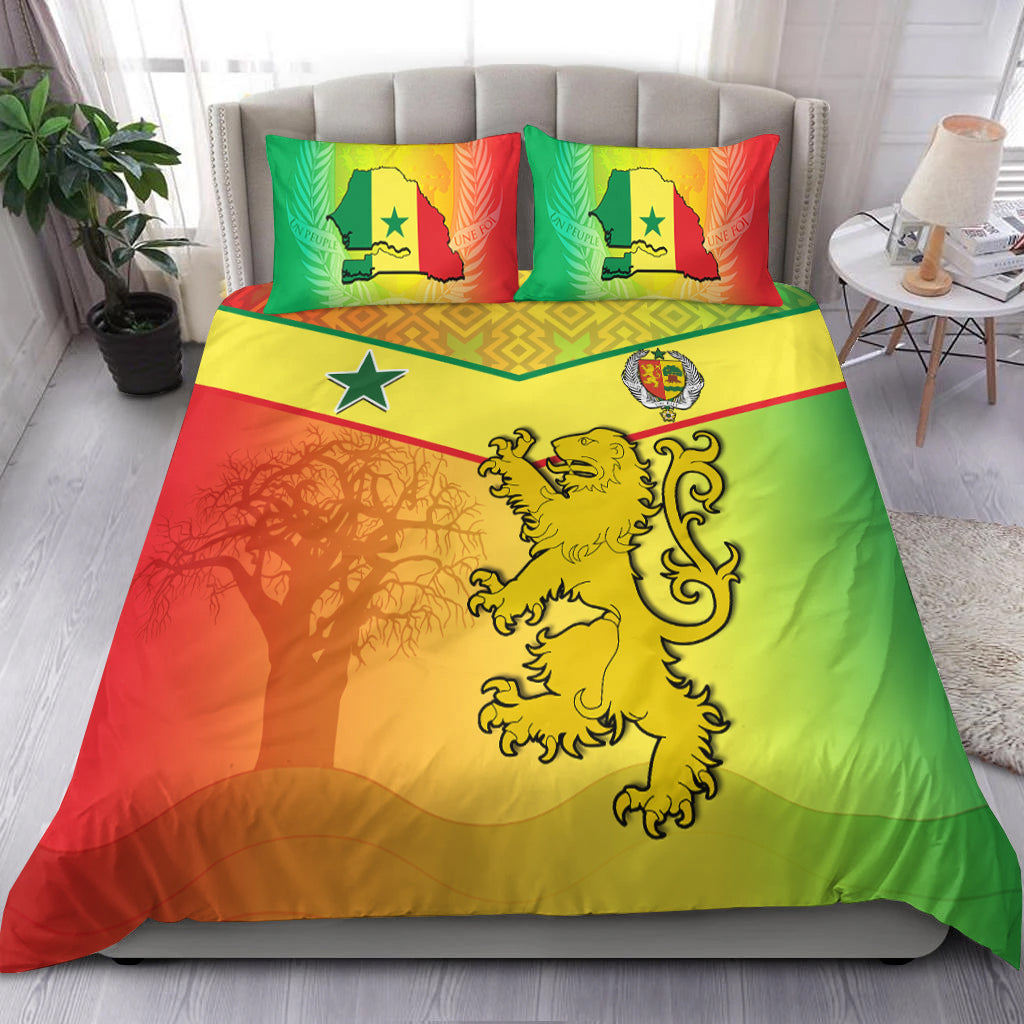 Senegal flag style bedding: lion medallion and star on red-green-yellow duvet with two pillows