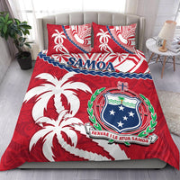 Red Samoa duvet cover with crest shield, palm trees, and matching pillowcases
