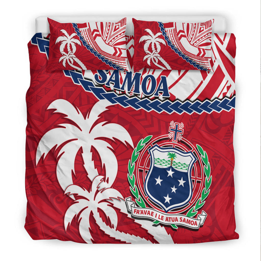 Red Samoa bedding set with crest shield, palm tree graphic, and 'FA‘AVAE I LE ATUA SAMOA'